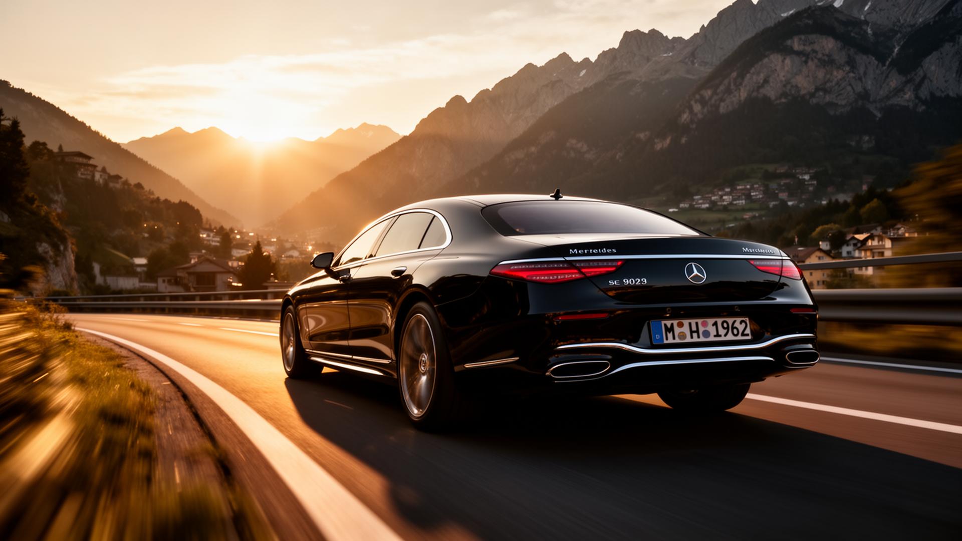 Coche premium alemán circulando por una carretera europea al atardecer